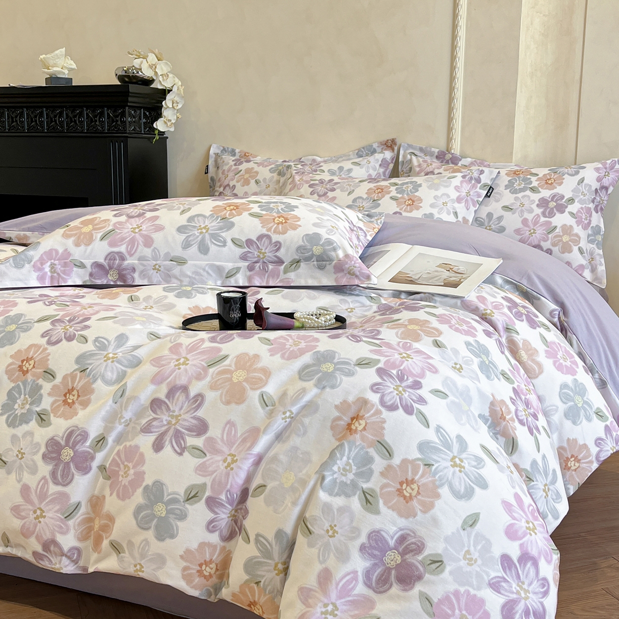 91家纺网 家纺一手货源 找家纺 禾时 2025新款全棉超柔数码印花磨毛四件套（32x21磨毛） 忆甜（米紫）