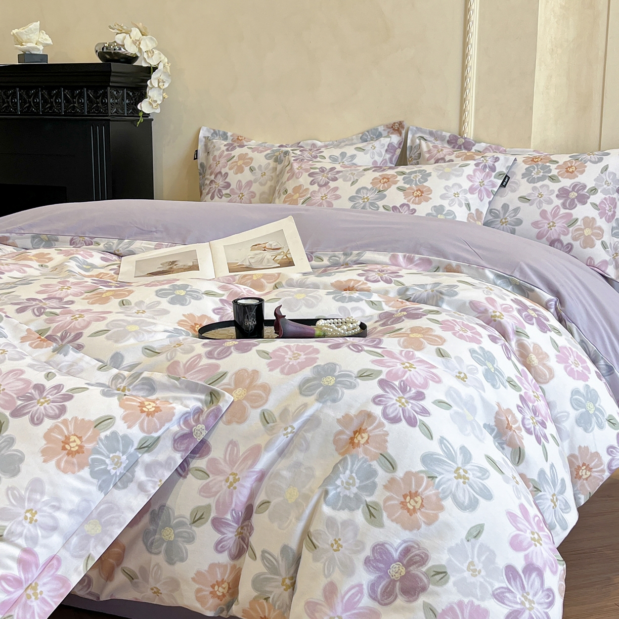 91家纺网 家纺一手货源 找家纺 禾时 2025新款全棉超柔数码印花磨毛四件套（32x21磨毛） 忆甜（米紫）