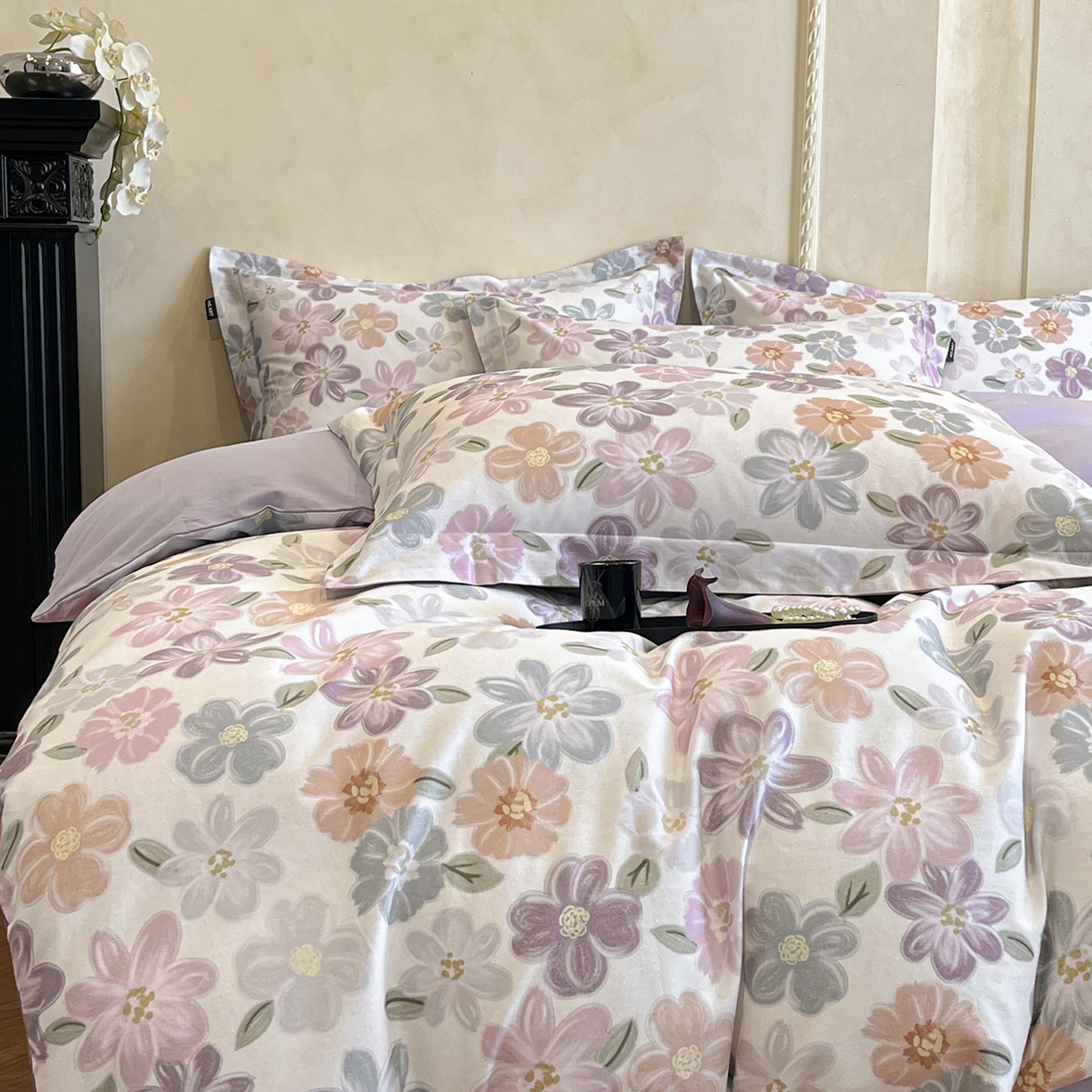 91家纺网 家纺一手货源 找家纺 禾时 2025新款全棉超柔数码印花磨毛四件套（32x21磨毛） 忆甜（米紫）