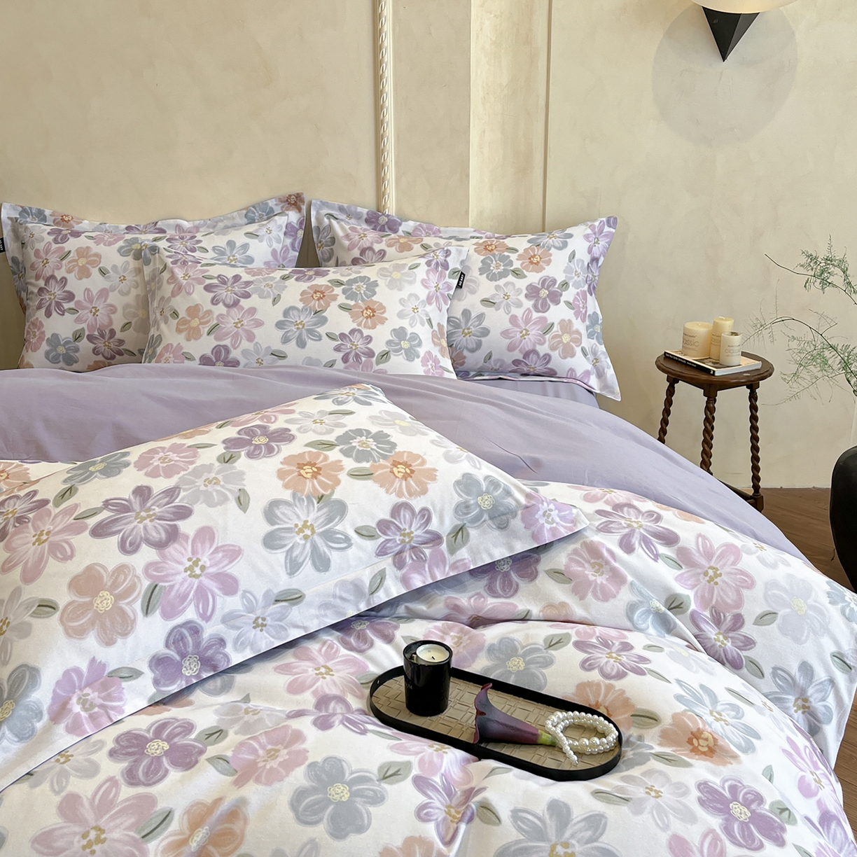 91家纺网 家纺一手货源 找家纺 禾时 2025新款全棉超柔数码印花磨毛四件套（32x21磨毛） 忆甜（米紫）