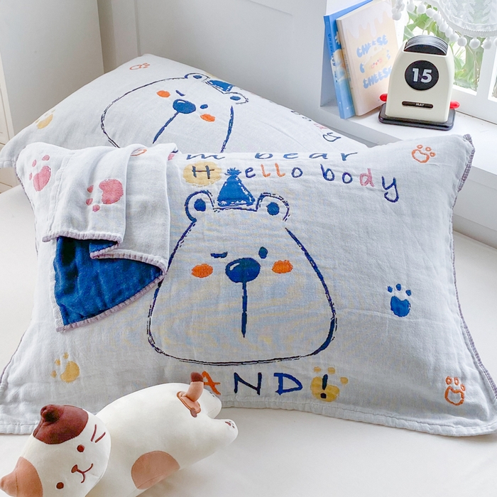 91家纺网 家纺一手货源 找家纺 美宜家2025新款全棉水洗纱布枕巾 胖嘟嘟一对