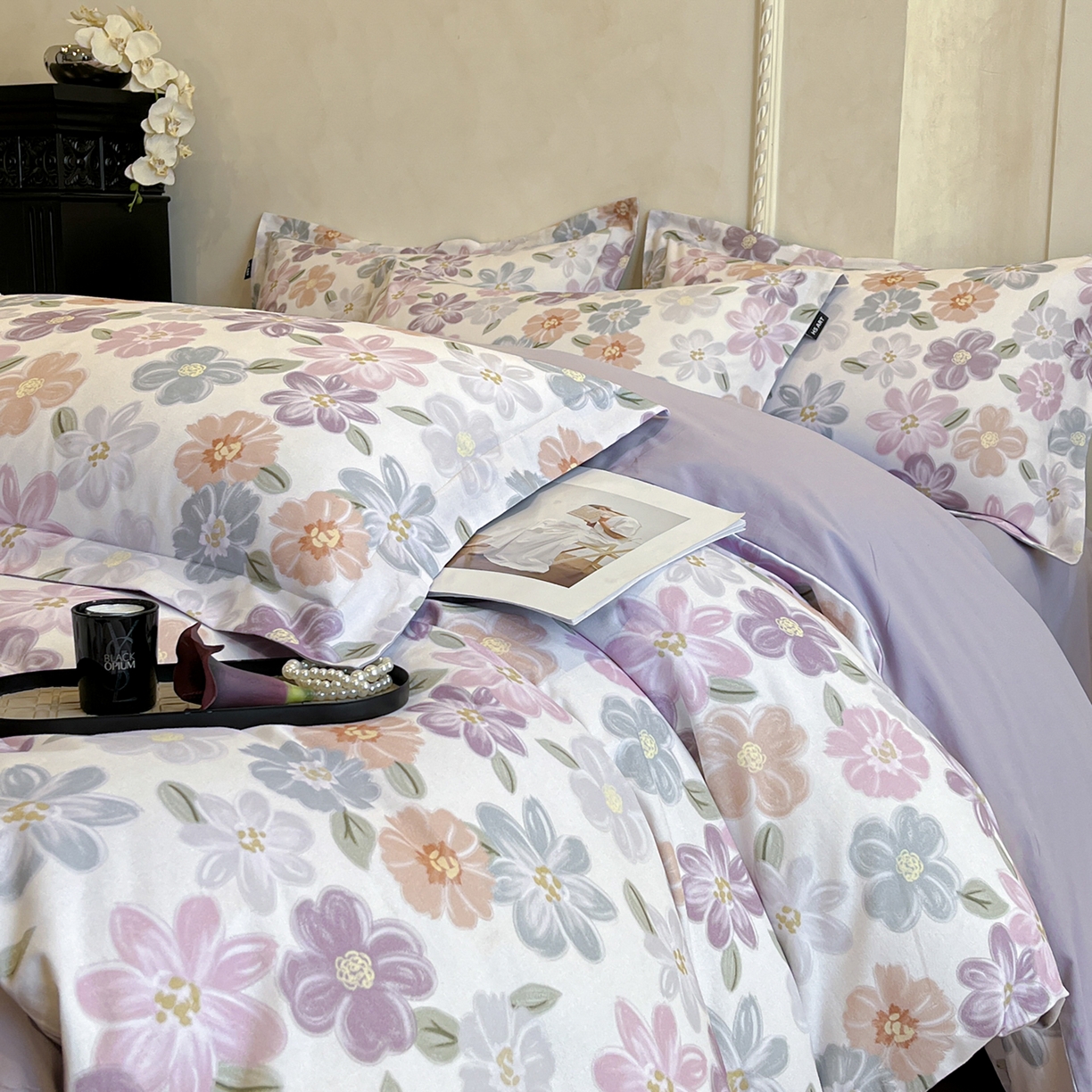 91家纺网 家纺一手货源 找家纺 禾时 2025新款全棉超柔数码印花磨毛四件套（32x21磨毛） 忆甜（米紫）