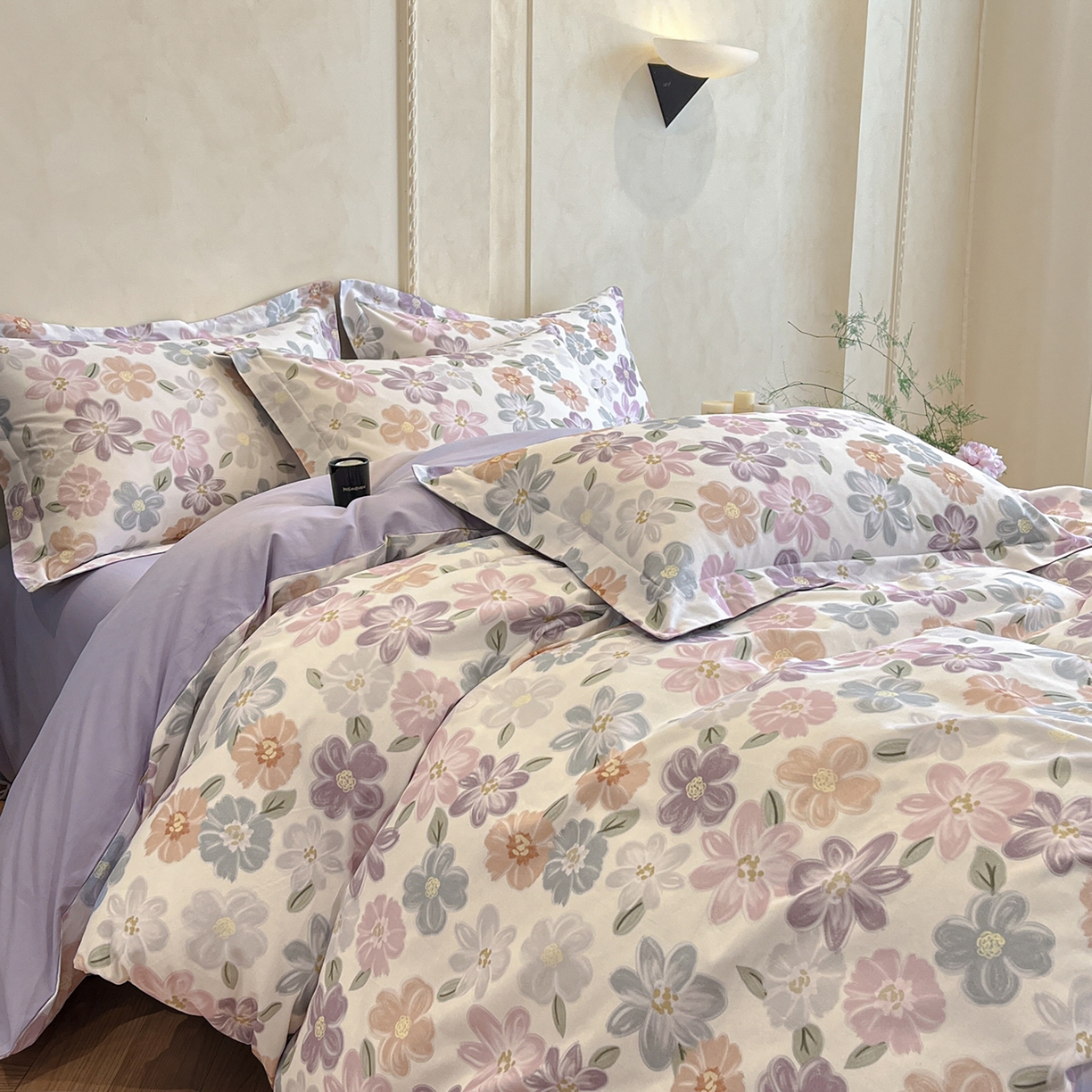 91家纺网 家纺一手货源 找家纺 禾时 2025新款全棉超柔数码印花磨毛四件套（32x21磨毛） 忆甜（米紫）