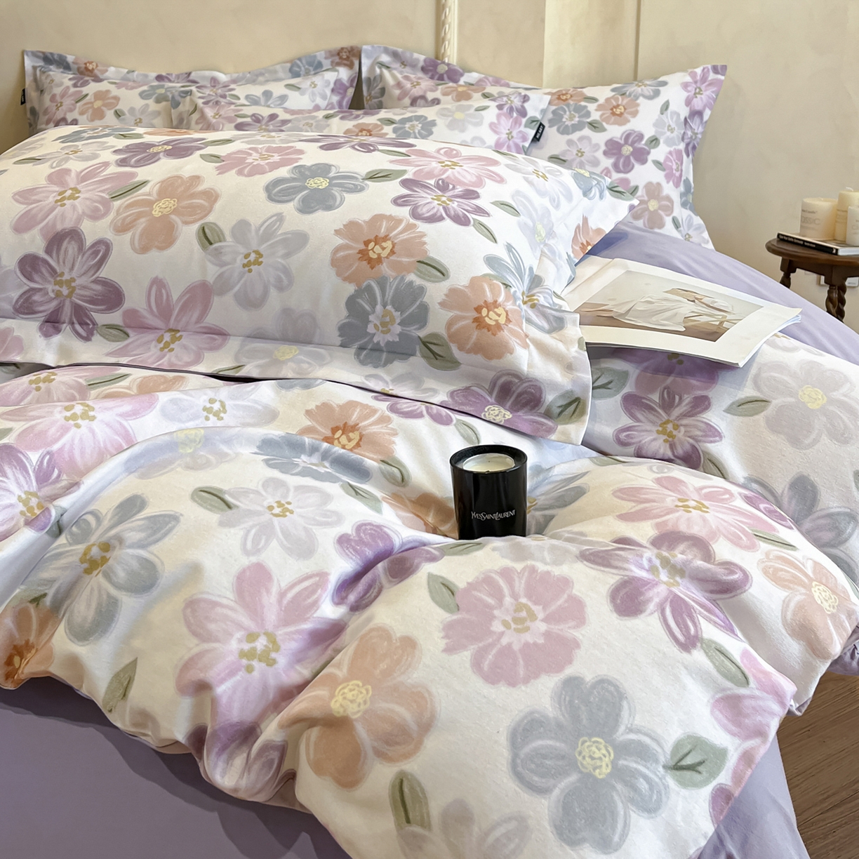 91家纺网 家纺一手货源 找家纺 禾时 2025新款全棉超柔数码印花磨毛四件套（32x21磨毛） 忆甜（米紫）