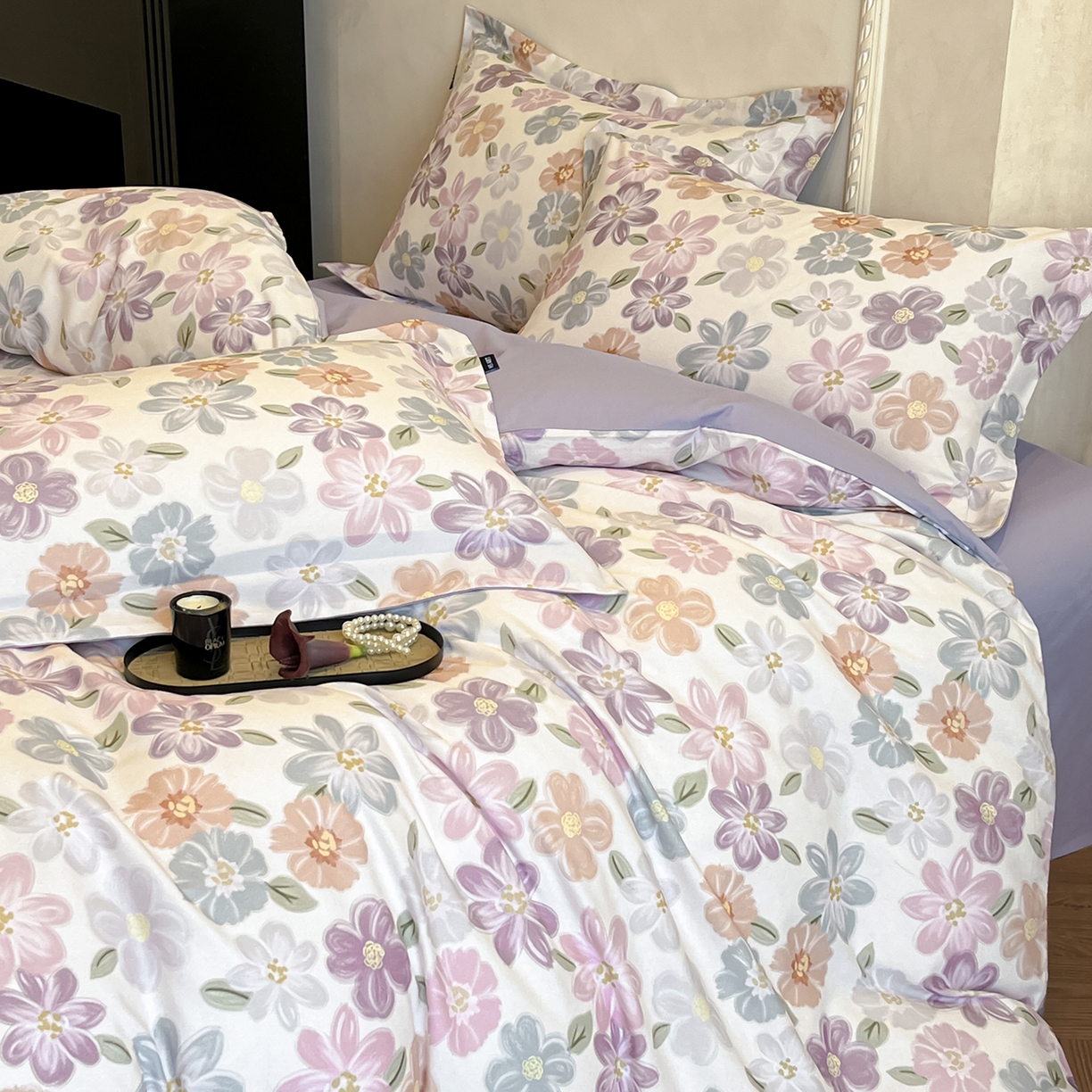 91家纺网 家纺一手货源 找家纺 禾时 2025新款全棉超柔数码印花磨毛四件套（32x21磨毛） 忆甜（米紫）