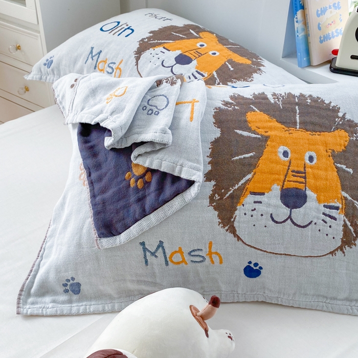 91家纺网 家纺一手货源 找家纺 美宜家2025新款全棉水洗纱布枕巾 狮狮如意一只