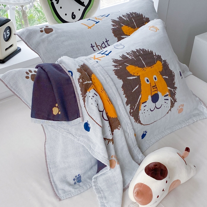 美宜家2025新款全棉水洗纱布枕巾 狮狮如意一只