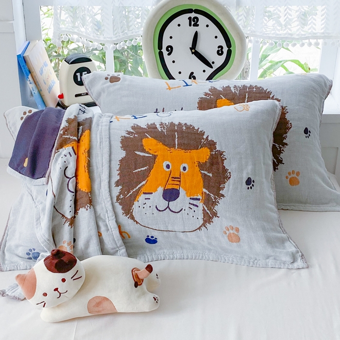 91家纺网 家纺一手货源 找家纺 美宜家2025新款全棉水洗纱布枕巾 狮狮如意一只