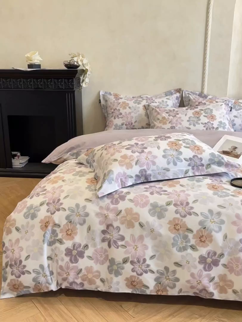 91家纺网 家纺一手货源 找家纺 禾时 2025新款全棉超柔数码印花磨毛四件套（32x21磨毛） 忆甜（米紫）