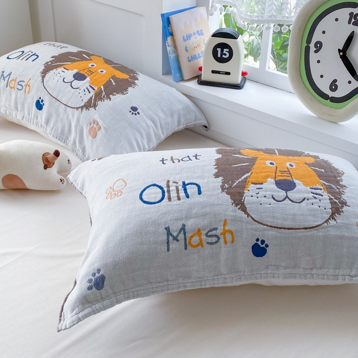 91家纺网 家纺一手货源 找家纺 美宜家2025新款全棉水洗纱布枕巾 狮狮如意一对