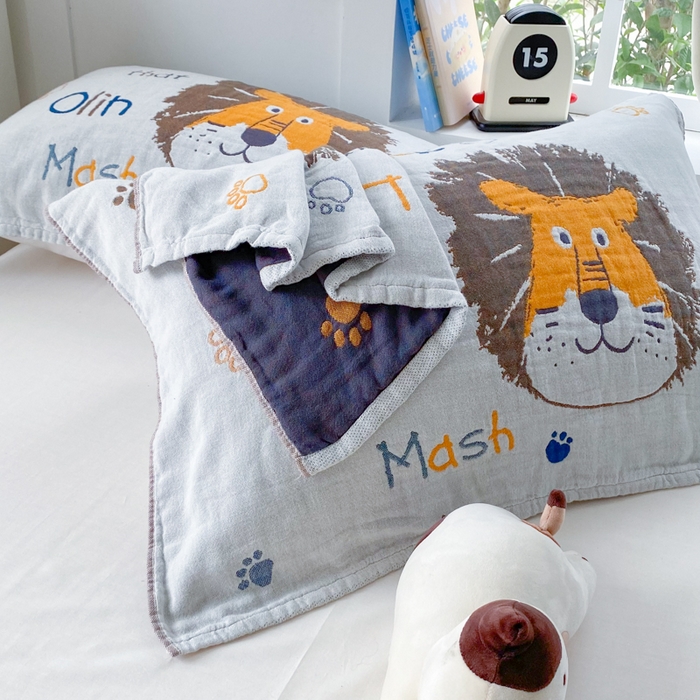 91家纺网 家纺一手货源 找家纺 美宜家2025新款全棉水洗纱布枕巾 狮狮如意一对