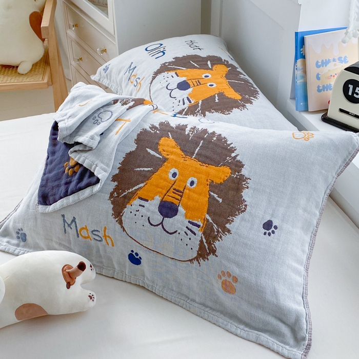 91家纺网 家纺一手货源 找家纺 美宜家2025新款全棉水洗纱布枕巾 狮狮如意一对