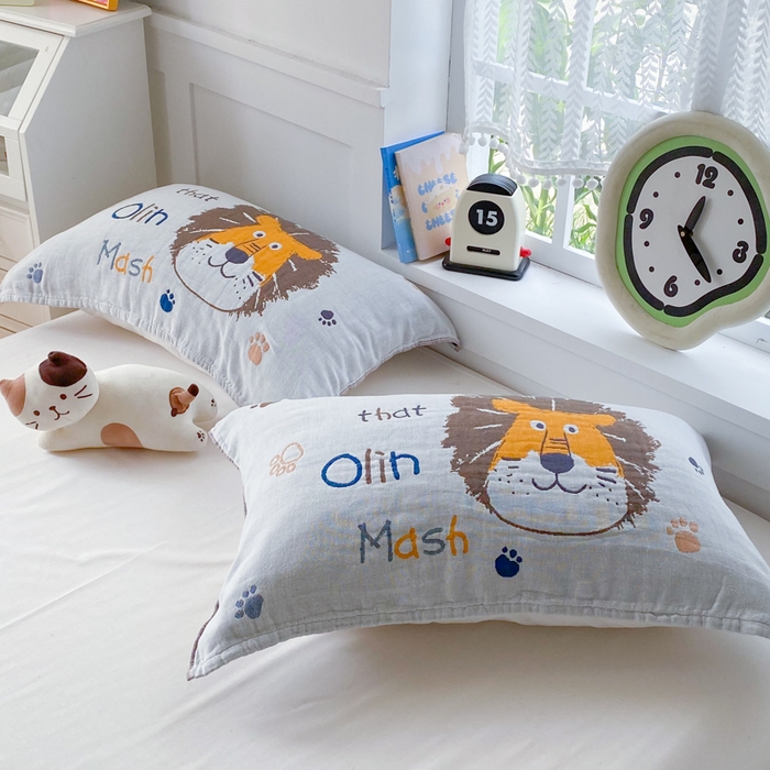 91家纺网 家纺一手货源 找家纺 美宜家2025新款全棉水洗纱布枕巾 狮狮如意一对