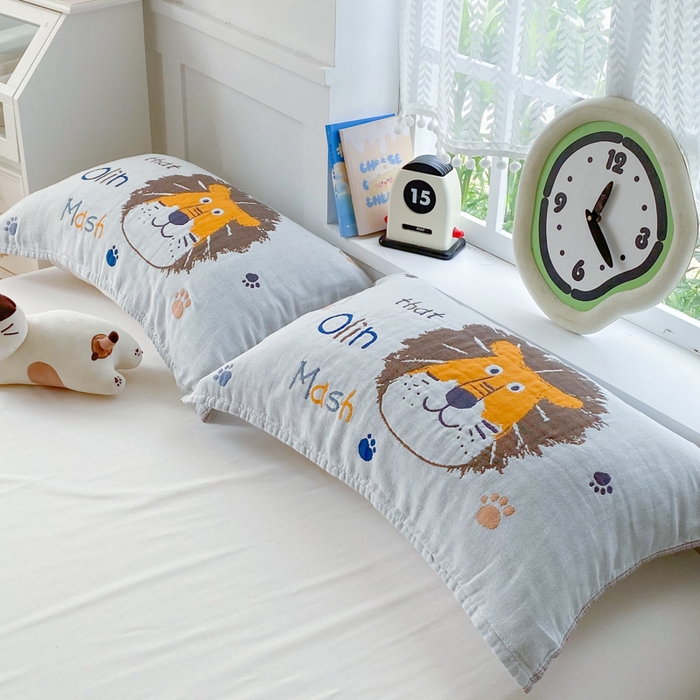 91家纺网 家纺一手货源 找家纺 美宜家2025新款全棉水洗纱布枕巾 狮狮如意一对