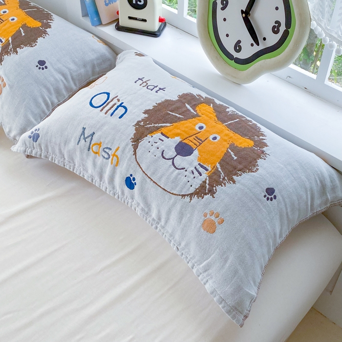 91家纺网 家纺一手货源 找家纺 美宜家2025新款全棉水洗纱布枕巾 狮狮如意一对