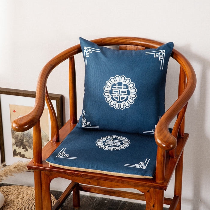 新奇异 2025新款高弹pp棉新中式坐垫+抱枕 双喜临门-蓝