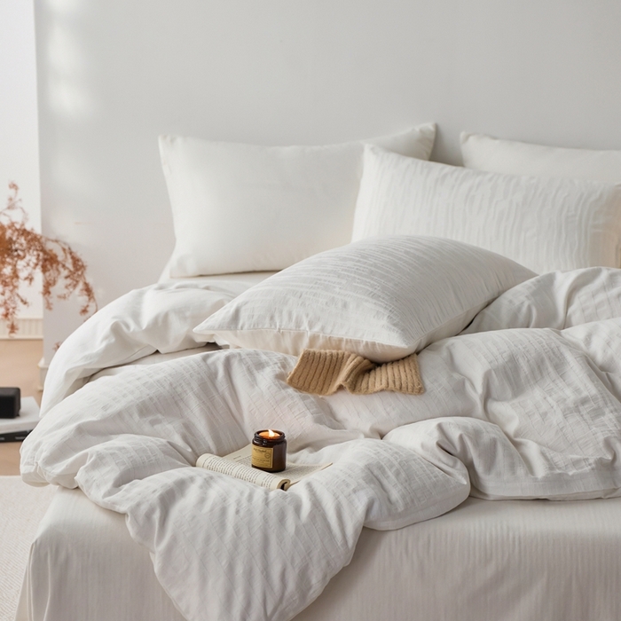 91家纺网 家纺一手货源 找家纺 梦享生活家居 2025新款白色全棉肌理纹提花四件套 简云