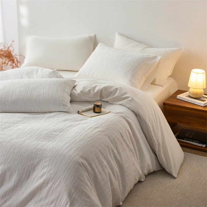 91家纺网 家纺一手货源 找家纺 梦享生活家居 2025新款白色全棉肌理纹提花四件套 简云