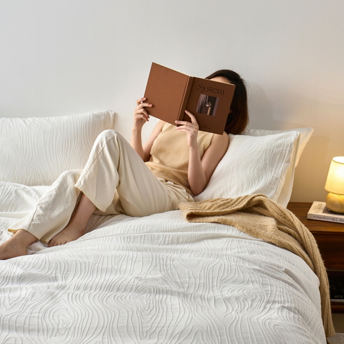 91家纺网 家纺一手货源 找家纺 梦享生活家居 2025新款白色全棉肌理纹提花四件套 流年