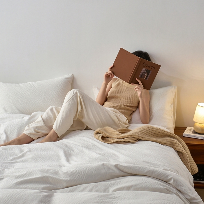 91家纺网 家纺一手货源 找家纺 梦享生活家居 2025新款白色全棉肌理纹提花四件套 曲线