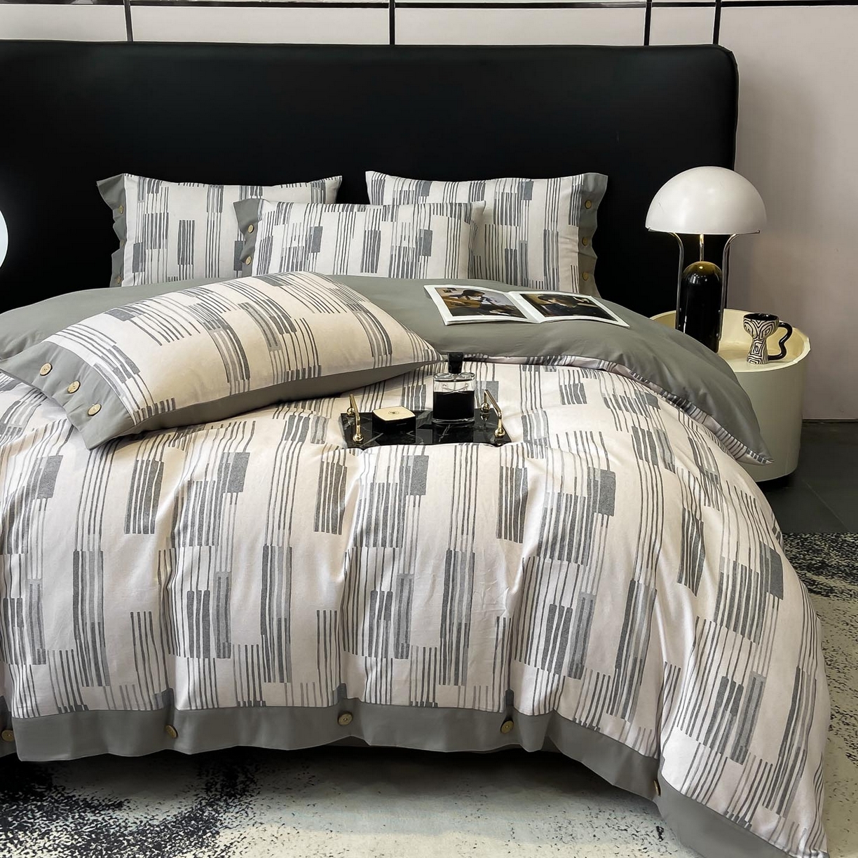 91家纺网 家纺一手货源 找家纺 慕希家纺 2025新款全棉纯棉轻奢加厚磨毛纽扣款四件套 品思-灰