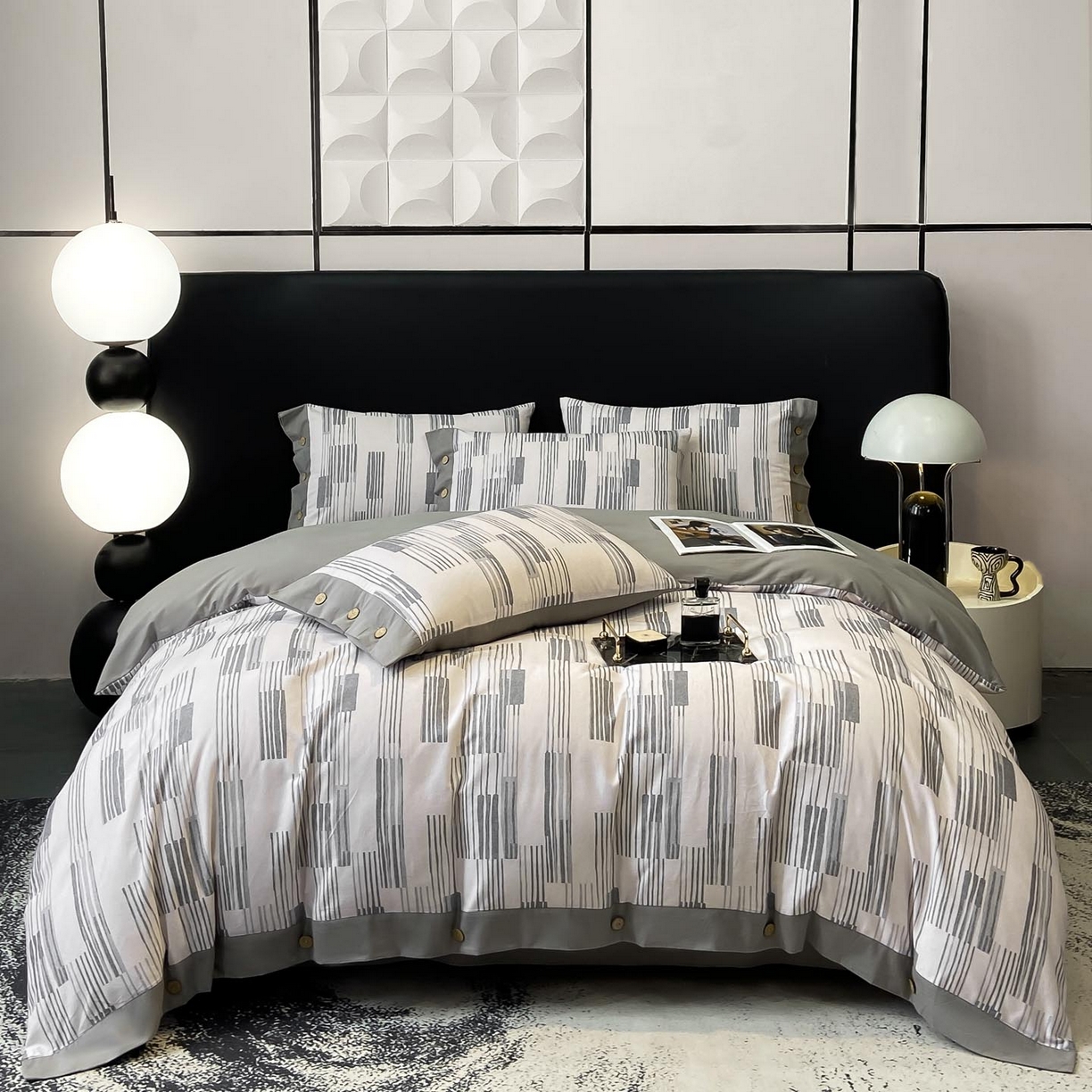 91家纺网 家纺一手货源 找家纺 慕希家纺 2025新款全棉纯棉轻奢加厚磨毛纽扣款四件套 品思-灰