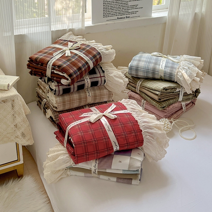 （总）亨通家纺 2025新款原麻镂空宽花边四件套-格纹系列