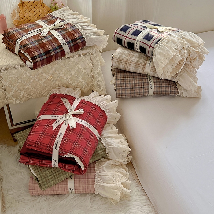 91家纺网 家纺一手货源 找家纺 （总）亨通家纺 2025新款原麻镂空宽花边四件套-格纹系列