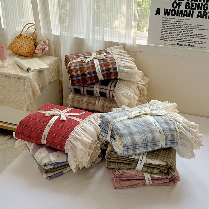 91家纺网 家纺一手货源 找家纺 （总）亨通家纺 2025新款原麻镂空宽花边四件套-格纹系列