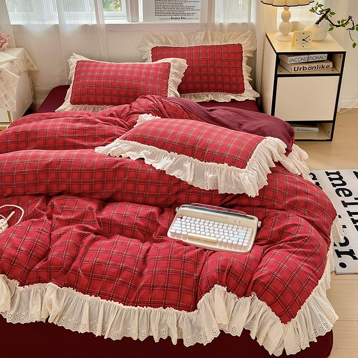 91家纺网 家纺一手货源 找家纺 （总）亨通家纺 2025新款原麻镂空宽花边四件套-格纹系列