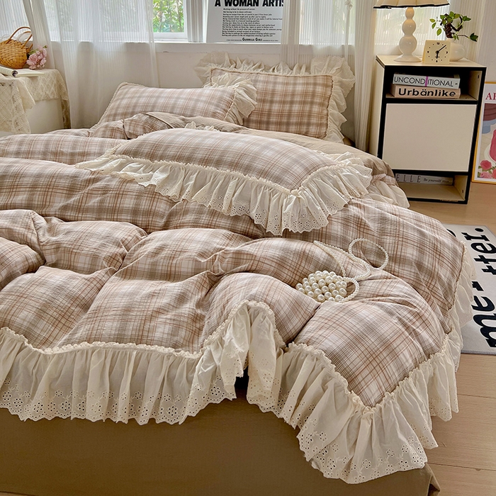 91家纺网 家纺一手货源 找家纺 （总）亨通家纺 2025新款原麻镂空宽花边四件套-格纹系列