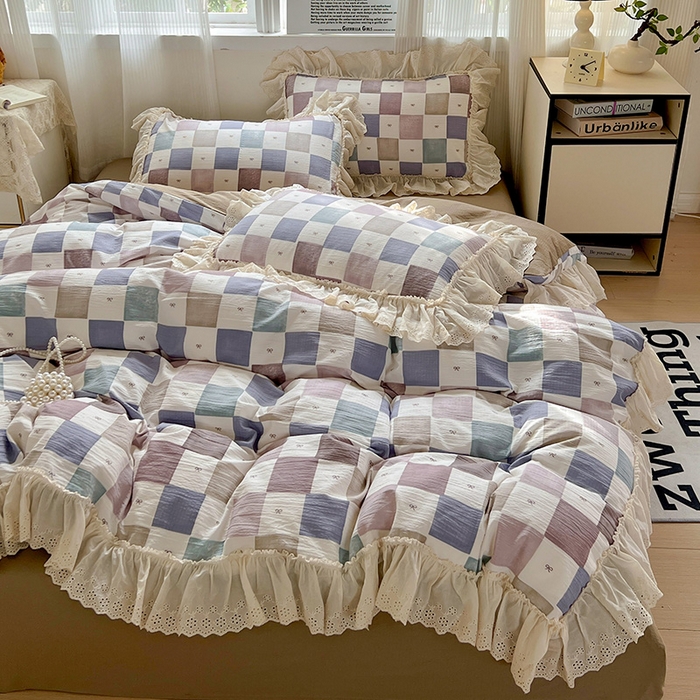 91家纺网 家纺一手货源 找家纺 （总）亨通家纺 2025新款原麻镂空宽花边四件套-格纹系列