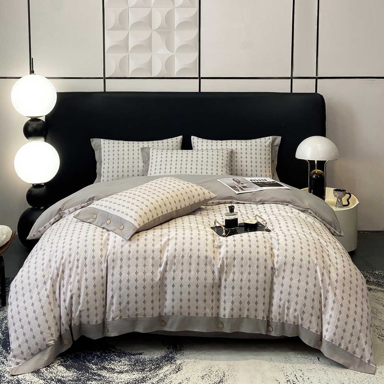 91家纺网 家纺一手货源 找家纺 慕希家纺 2025新款全棉纯棉轻奢加厚磨毛纽扣款四件套 拾光-灰