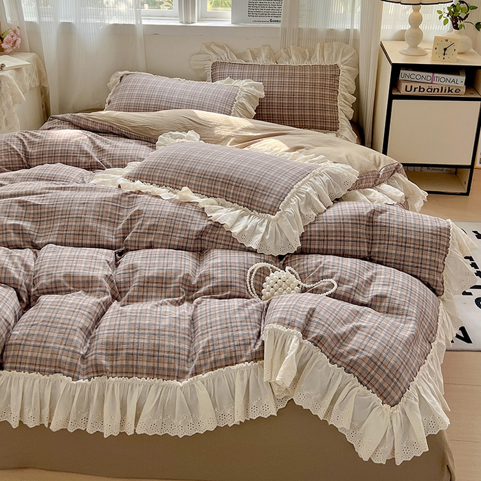 91家纺网 家纺一手货源 找家纺 （总）亨通家纺 2025新款原麻镂空宽花边四件套-格纹系列