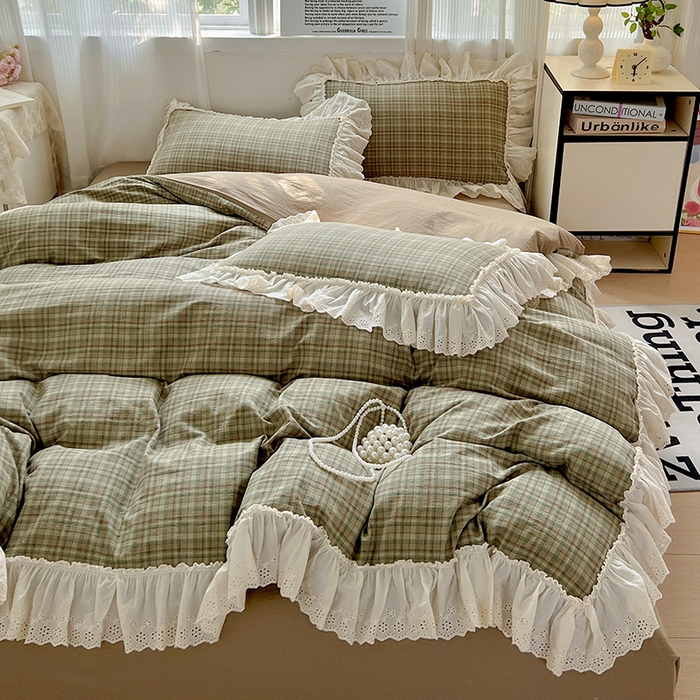 91家纺网 家纺一手货源 找家纺 （总）亨通家纺 2025新款原麻镂空宽花边四件套-格纹系列