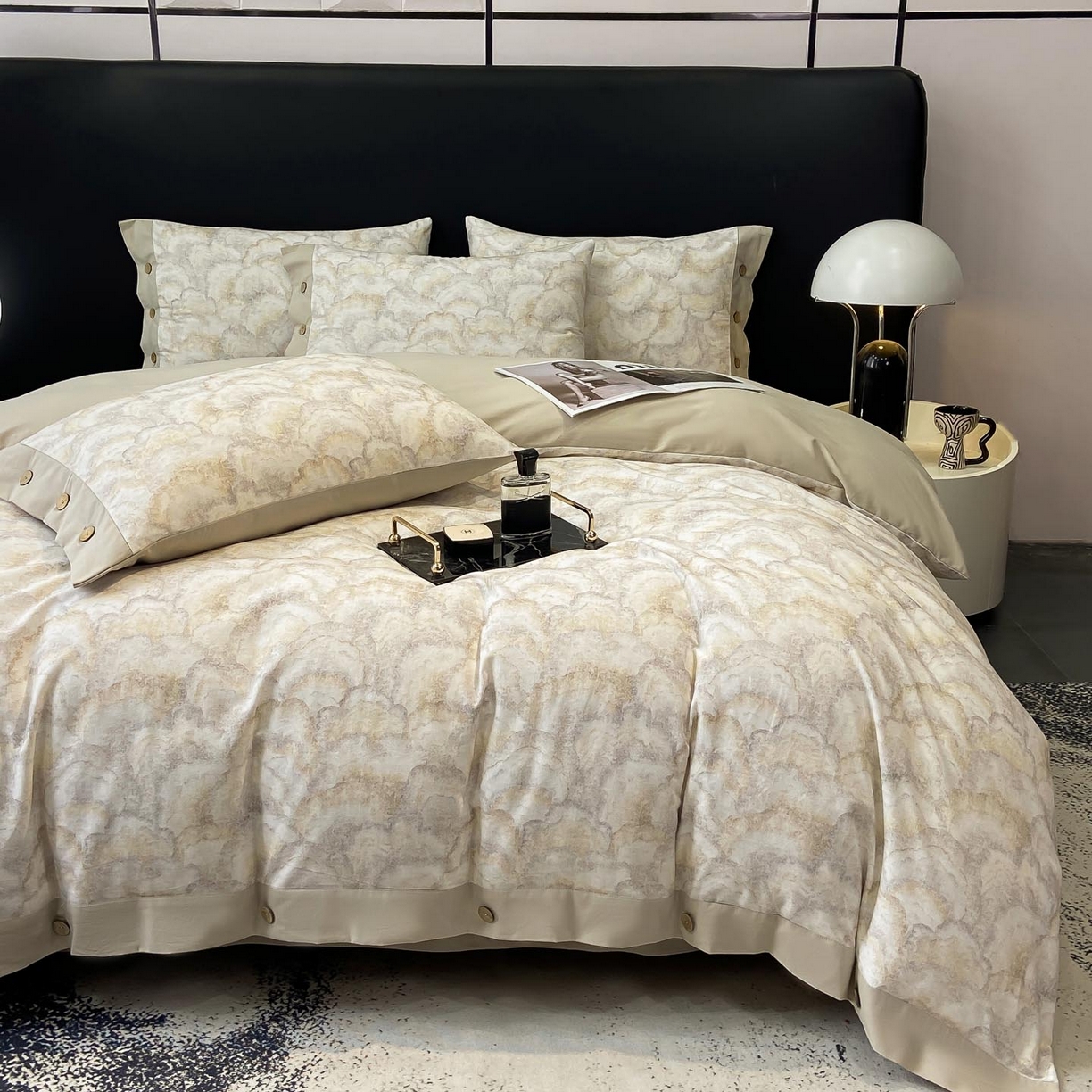 91家纺网 家纺一手货源 找家纺 慕希家纺 2025新款全棉纯棉轻奢加厚磨毛纽扣款四件套 温言-浅咖