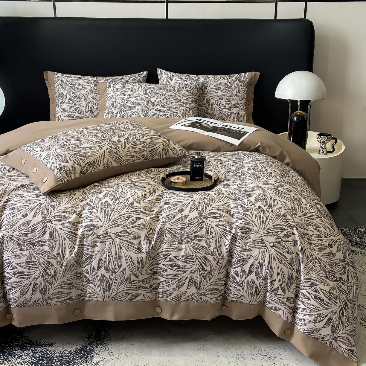 91家纺网 家纺一手货源 找家纺 慕希家纺 2025新款全棉纯棉轻奢加厚磨毛纽扣款四件套 雅集-咖