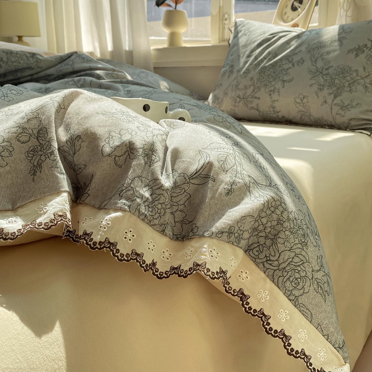 91家纺网 家纺一手货源 找家纺 慕希家纺 2025新款全棉纯棉加厚赫本风花边磨毛四件套 花眠-绿