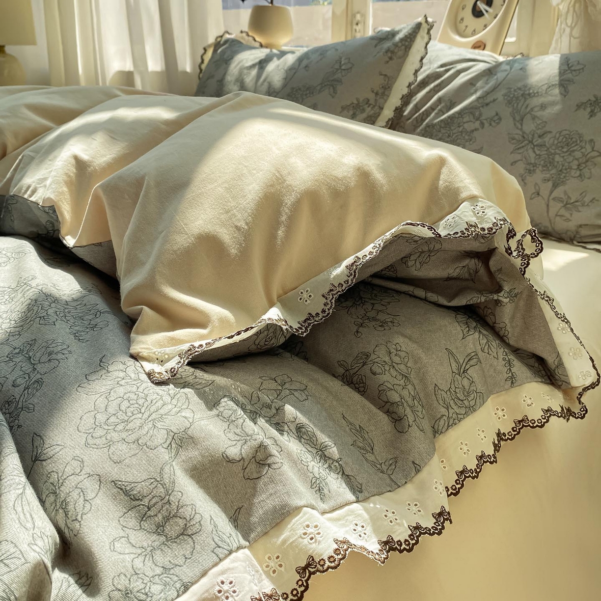 91家纺网 家纺一手货源 找家纺 慕希家纺 2025新款全棉纯棉加厚赫本风花边磨毛四件套 花眠-绿