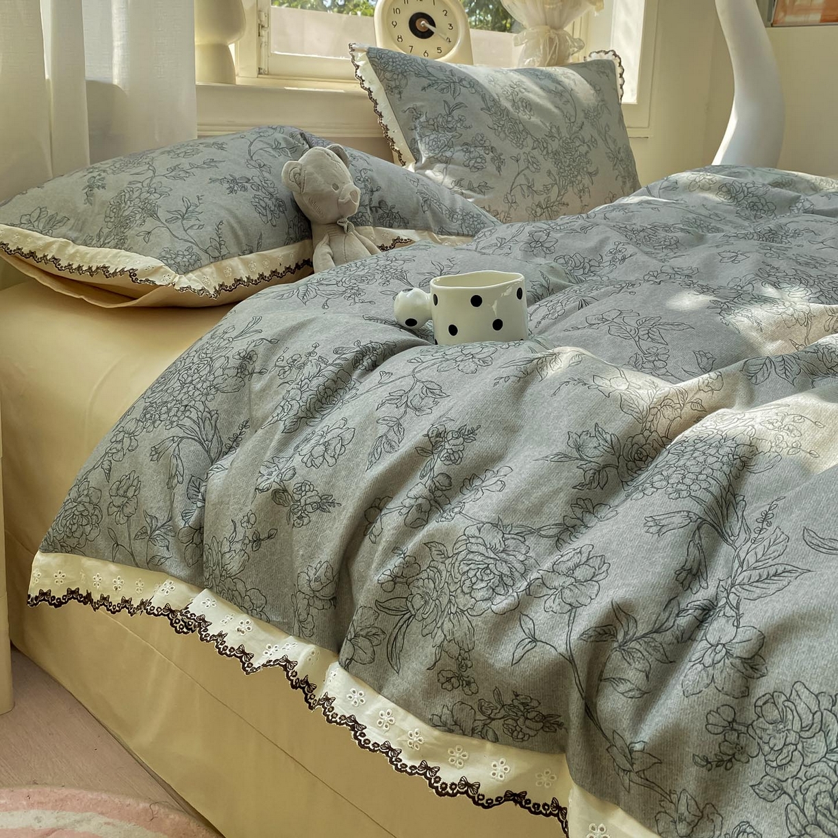 91家纺网 家纺一手货源 找家纺 慕希家纺 2025新款全棉纯棉加厚赫本风花边磨毛四件套 花眠-绿