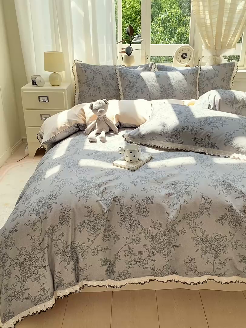 91家纺网 家纺一手货源 找家纺 慕希家纺 2025新款全棉纯棉加厚赫本风花边磨毛四件套 花眠-绿