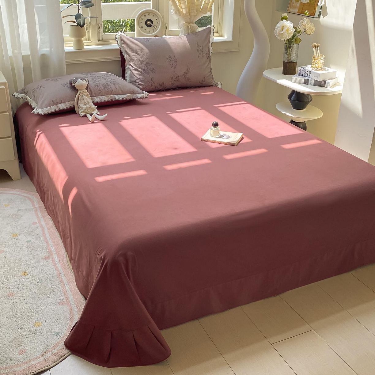 91家纺网 家纺一手货源 找家纺 慕希家纺 2025新款全棉纯棉加厚赫本风花边磨毛四件套 花绮-咖