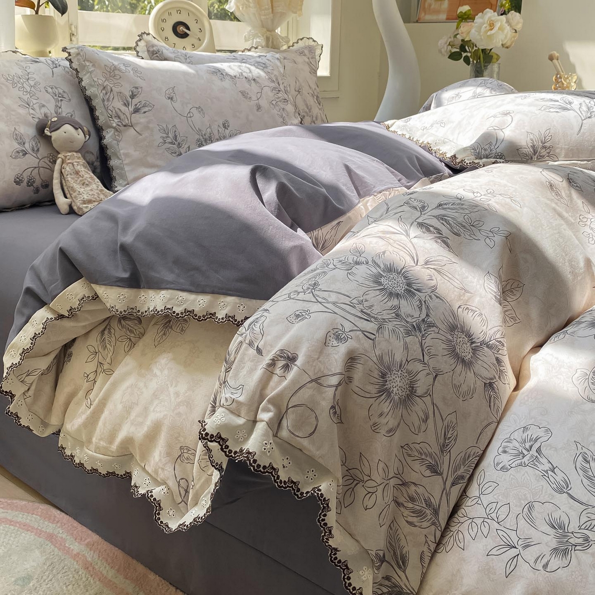 慕希家纺 2025新款全棉纯棉加厚赫本风花边磨毛四件套 花禧-灰