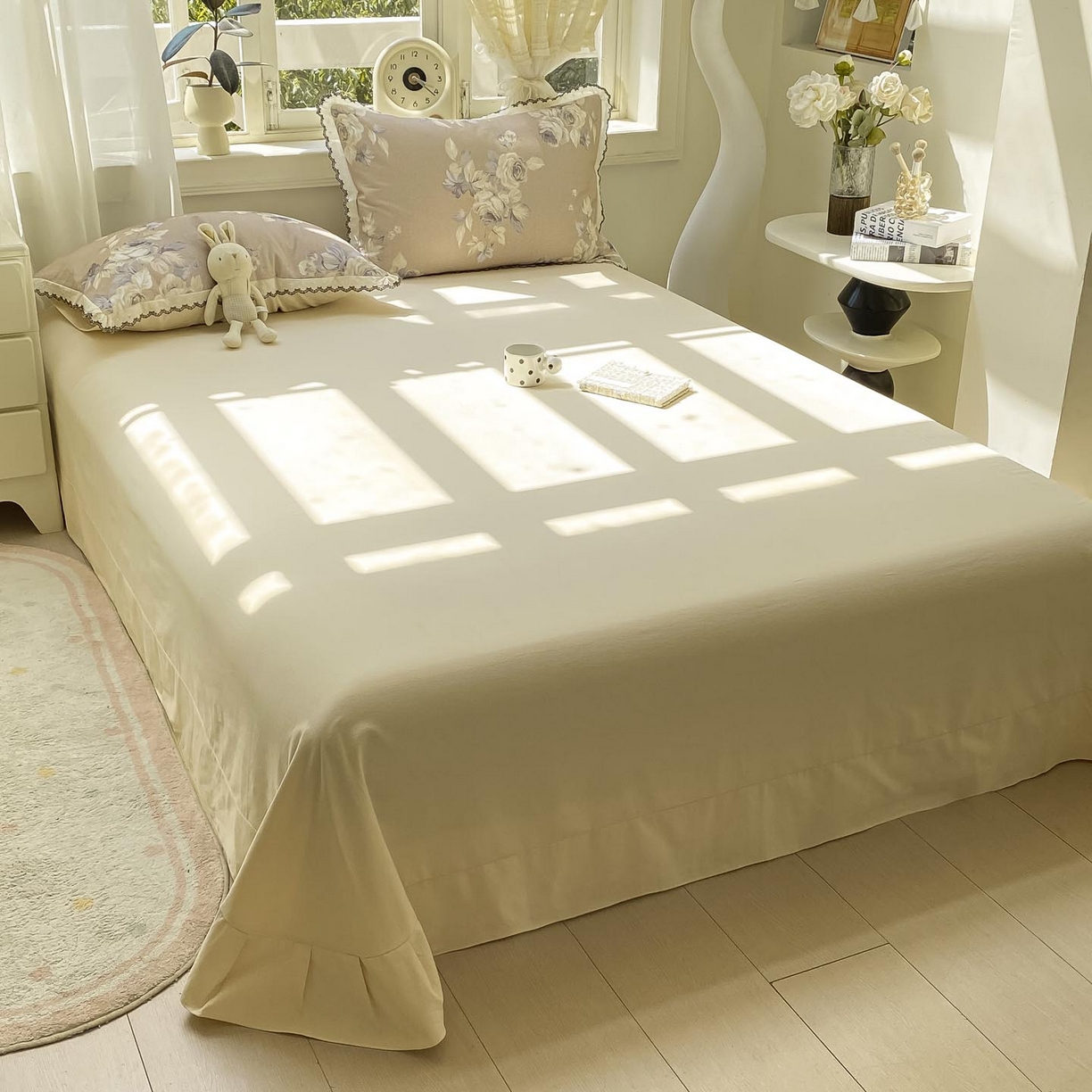 91家纺网 家纺一手货源 找家纺 慕希家纺 2025新款全棉纯棉加厚赫本风花边磨毛四件套 花意浓-咖