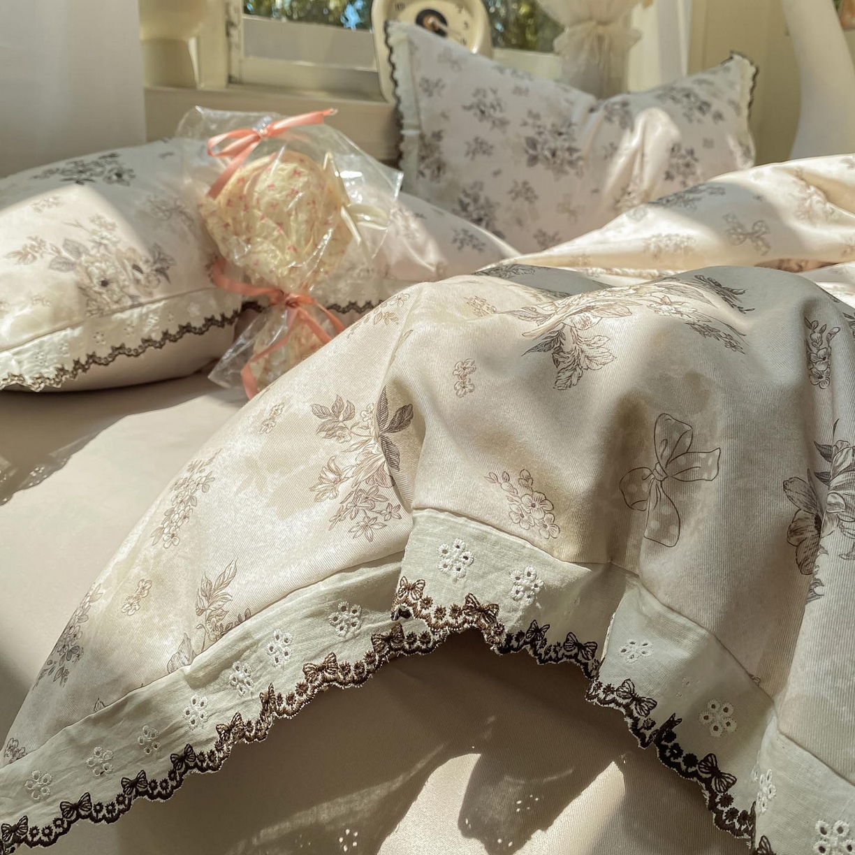 91家纺网 家纺一手货源 找家纺 慕希家纺 2025新款全棉纯棉加厚赫本风花边磨毛四件套 雷雅-黄