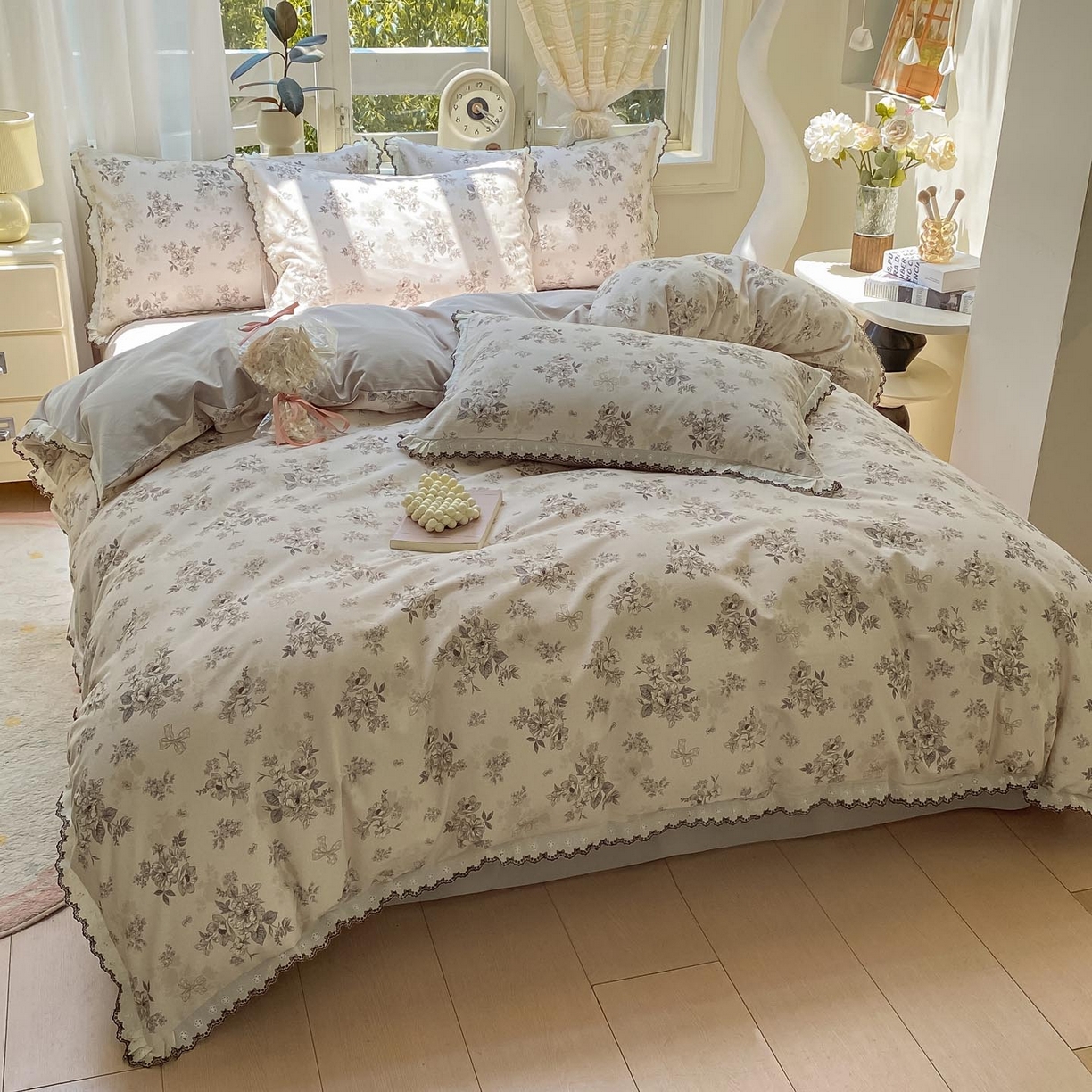 91家纺网 家纺一手货源 找家纺 慕希家纺 2025新款全棉纯棉加厚赫本风花边磨毛四件套 雷雅-黄