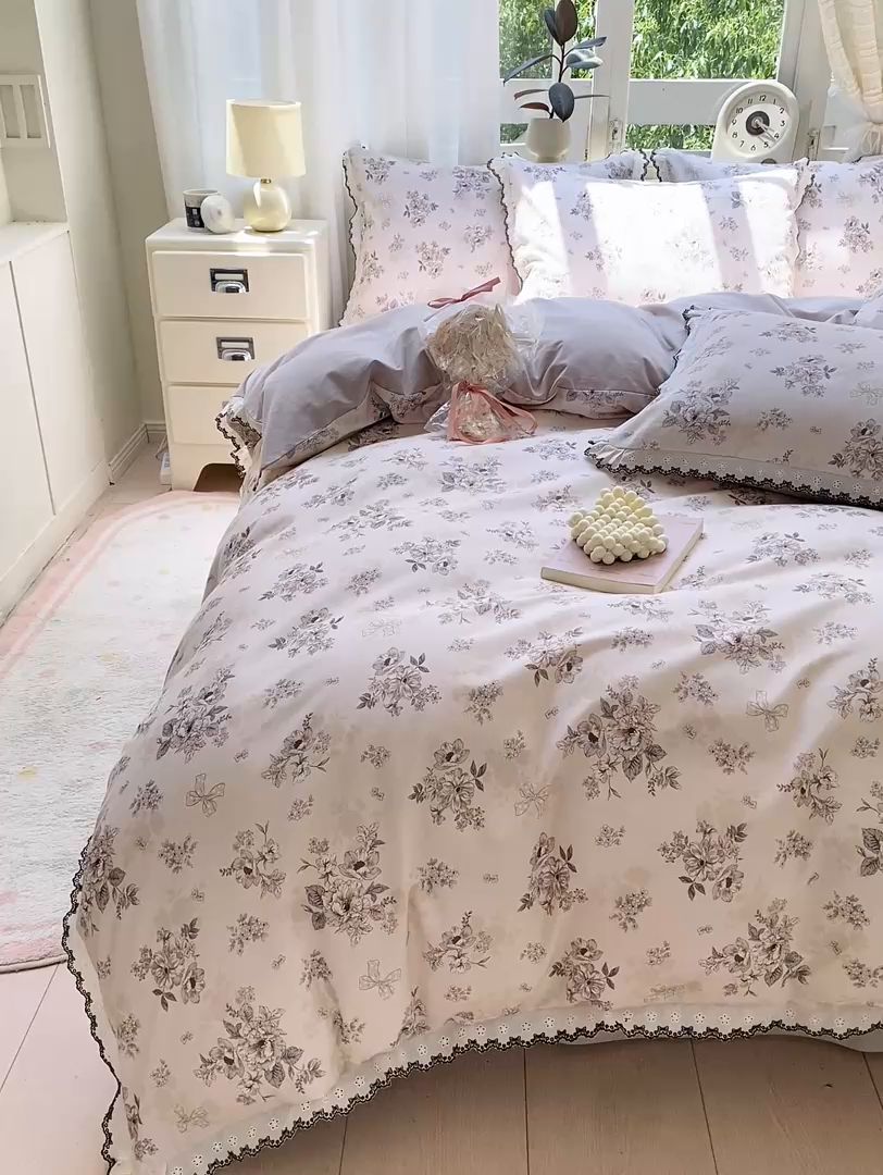 91家纺网 家纺一手货源 找家纺 慕希家纺 2025新款全棉纯棉加厚赫本风花边磨毛四件套 雷雅-黄