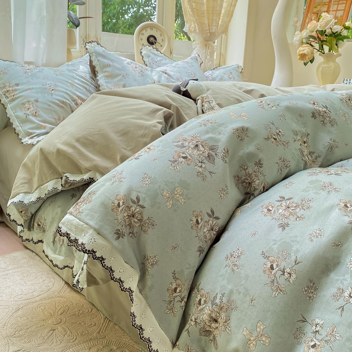 慕希家纺 2025新款全棉纯棉加厚赫本风花边磨毛四件套 雷亚-绿