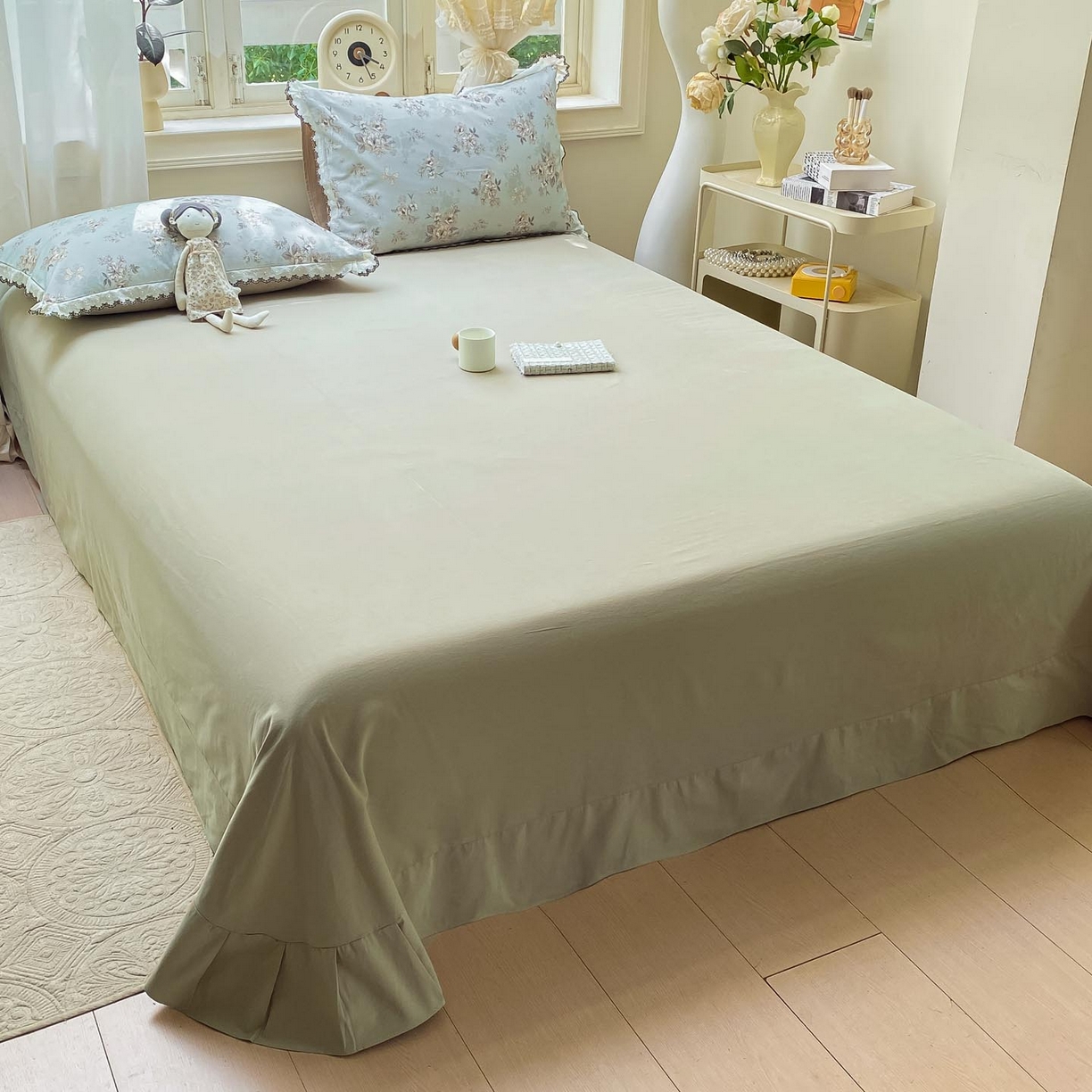 91家纺网 家纺一手货源 找家纺 慕希家纺 2025新款全棉纯棉加厚赫本风花边磨毛四件套 雷亚-绿