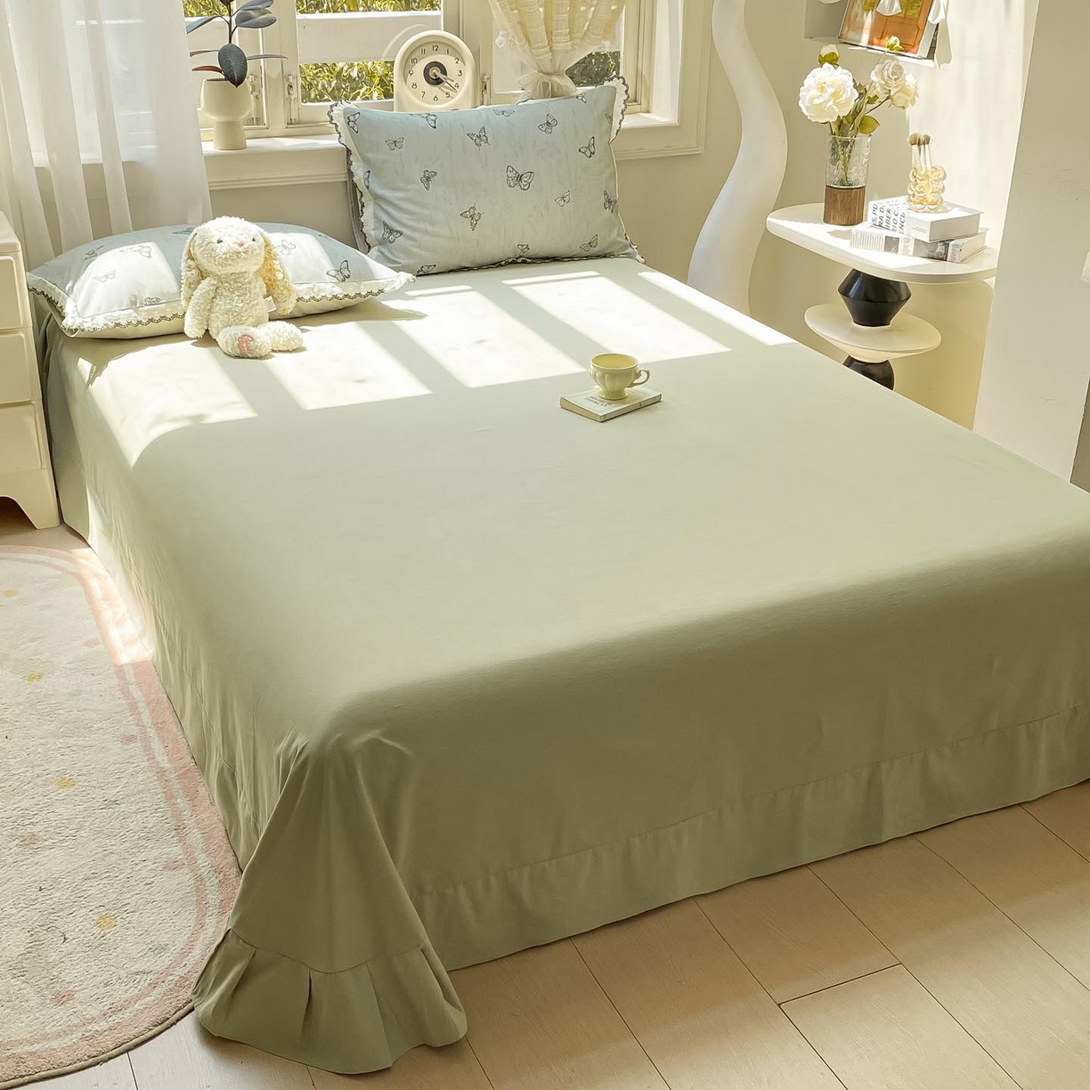 91家纺网 家纺一手货源 找家纺 慕希家纺 2025新款全棉纯棉加厚赫本风花边磨毛四件套 梦蝶-绿